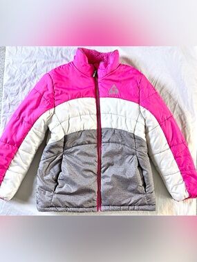 Gerry Girls Puffer Jacket Size 10/12 Pink White Gray Colorblock Sherpa Lined